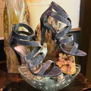 Audrey Brooke sparkle pewter strappy zipper heel.